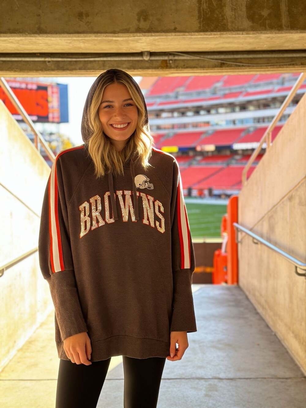NFL Team Apparel Cleveland Browns Women's Brown Sequin Pullover Hoodie Sweatshir